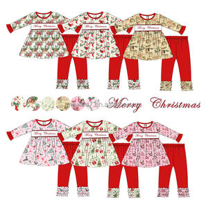 Marry Christmas Broderie Smocké Vêtements pour <span class=keywords><strong>enfants</strong></span> Vente en gros Ensemble de tenues pour filles à manches longues <span class=keywords><strong>2</strong></span> pièces - Product Image 1