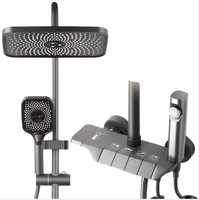 Ensemble de douche piano moderne de luxe en chrome brossé avec fonction pluie, mitigeur thermostatique eau chaude/froide, jets souples et barre coulissante