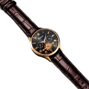Men's Stainless Steel Quartz <b>Watch</b>, 42mm Round, Leather Strap, <b>Arabic</b> Numerals, Three Eyes, Six Hands, Multifunctional <b>Watch</b> - Product Image 3