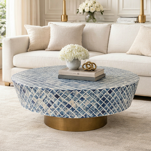 Blue Round Coffee <b>Table</b> <b>Resin</b> <b>Top</b> Wood Frame Modern Center <b>Table</b> for Living Room Hotel - Product Image 1