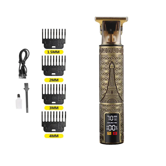 T9 0mm Hair Clippers Waterproof Bronze Retro Carving Rechargeable Cordless Zero Gapped Trimmer