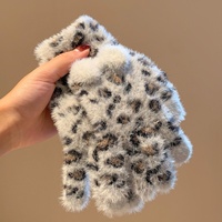 Gants d'hiver chauds en coton/élasthanne style coréen pour femmes, en peluche, à doigts entiers, motif léopard, élastiques, anti-froid