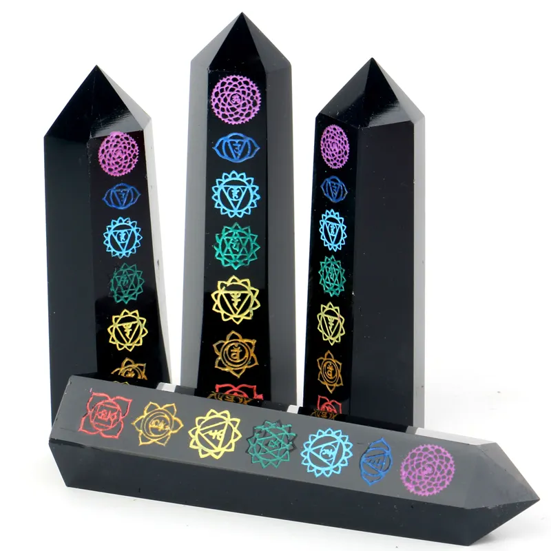 Hot sell crystal obsidian point carved 7 chakra healing crystal tower