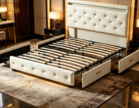 Lit élégant capitonné réglable avec tiroirs de rangement sous le lit, revêtement en cuir blanc, structure métallique, mobilier de chambre, sans sommier