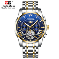 Montre-bracelet squelette haut de gamme avec tourbillon, calendrier, étanche, bracelet en acier inoxydable, automatique, mécanique, pour homme