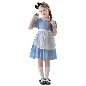Robe de princesse Alice, costume de demoiselle d'honneur en vichy bleu pour filles de 8 à 13 ans, tenue de cosplay de scène avec tablier et bandeau - Product Image 2