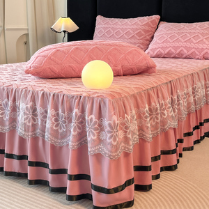 Ensemble de jupe de lit en flanelle jacquard chaude avec dentelle florale, volant anti-poussière, housse de matelas douce et pelucheuse antidérapante, literie chaude d'hiver, taille personnalisée - Product Image 4