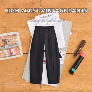 Pantalon plissé décontracté taille haute pour femme, nouvelle collection automne 2026, respirant, avec poches décoratives style vintage, longueur cheville, 100% coton - Product Image 2