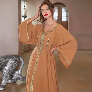 abaya 2023 Eid Solid color Maxi Dress For Ramadan Turkey Arabic Dubai Diamond Ribbon V Neck Jalabiya custom abaya