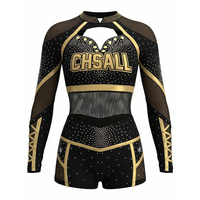 Uniforme de Animadoras Personalizado de Dos Piezas con Mangas Largas, Mangas con Cordones, Pedrería y Lámina Dorada, Traje de Animadoras de Spandex