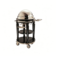Chariot de service de luxe en acier noir poli avec miroir, chauffe-plats rond pour buffet d'hôtel, avec support en bois à roulettes, pour usage domestique