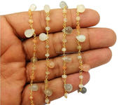Chaîne de chapelet en pierres précieuses en forme de larme de pierre de lune multi-éclats avec perles plaquées or en laiton de 3 mm à 3,5 mm Nanplanetsilver GBC0044