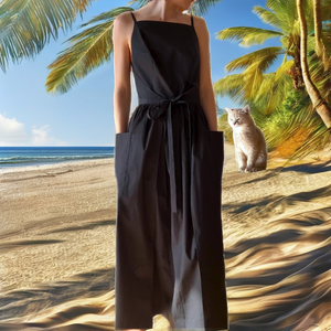 Black Square Neck Sleeveless Maxi <b>Dress</b> With Pockets Drawstring Waist Loose Fit Casual Solid Woven Cotton <b>Dress</b> For Women - Product Image 2