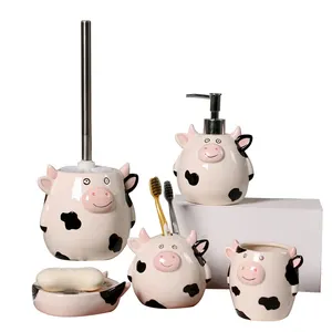 Wholesales High Quality Ceramic Pink Carton Cow Lovely Bathroom Sets Toilet Accessories Home Decor