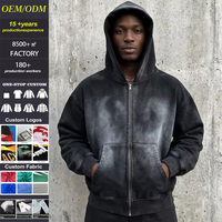 Sweat à capuche zippé pour homme, coupe courte et ample, 100% coton, délavé à l'acide, effet soleil, avec logo personnalisé imprimé, style vintage et grammage lourd