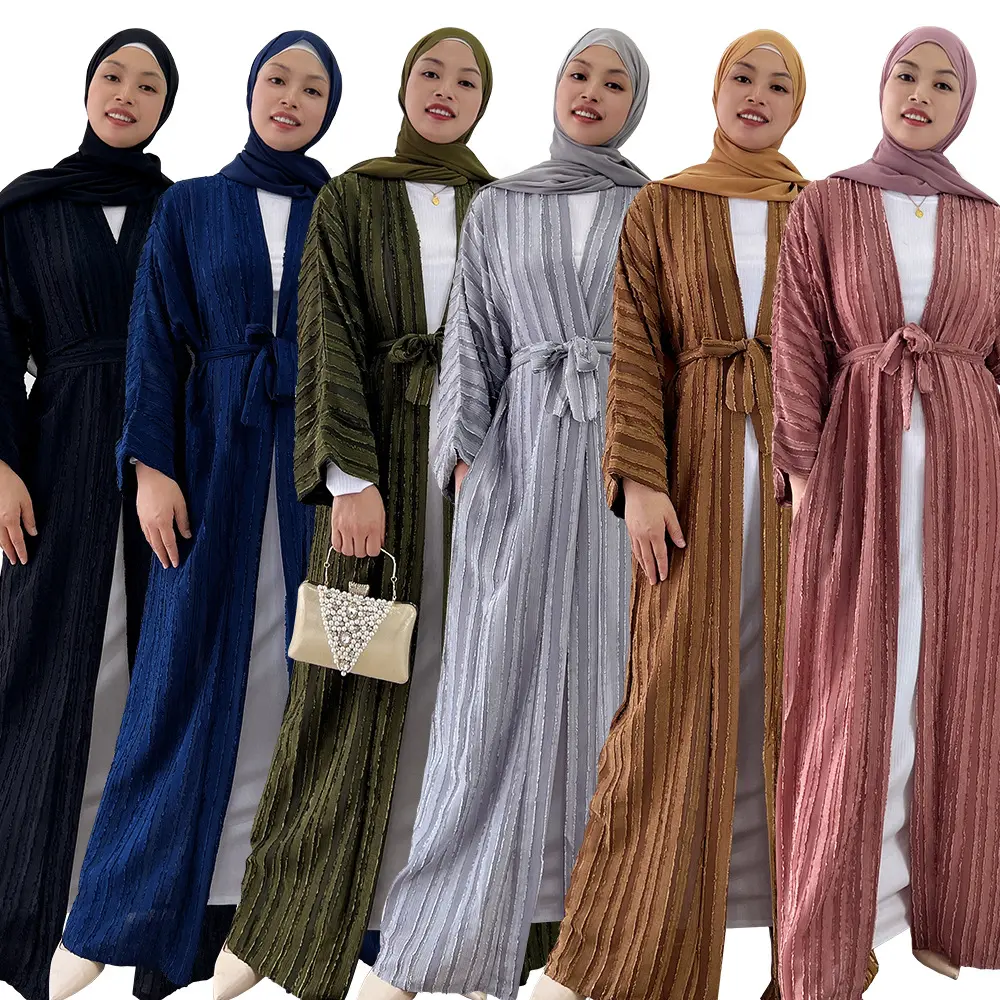 Cárdigan musulmán para mujer, vestido elegante de Dubái con Hijab, ropa de Color vendida con cinturón, Abaya abierta musulmana