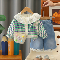 Ensemble de vêtements pour bébés filles, 3 pièces, tenue décontractée, cardigan rayé, chemisier en dentelle, short en jean à volants, ensemble de vêtements pour enfants