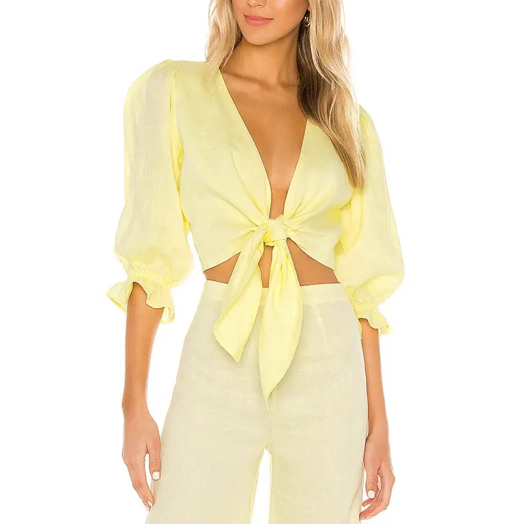 Abbigliamento delle signore All'ingrosso Della Fabbrica Alla Moda Alla Moda Solido Bianco Giallo Lino Mezza Maniche Ruffle Sexy Crop Top Camicette delle Donne