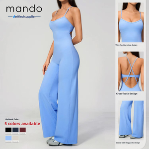 <span class=keywords><strong>Combinaison</strong></span> minimaliste unie à jambes larges, dos évidé, bretelles croisées fines réglables, avec coussinets de soutien-gorge intégrés, pour le sport, le yoga et le Pilates pour femmes - Product Image 3