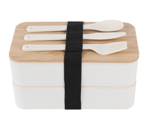 Hot Selling 2023 Cheap Wheat Straw Double Layers Bento Lunch Box with Bamboo Lid and Cutlery for Children Student