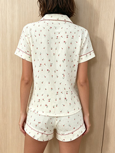 Conjunto de Pijamas com Estampa Floral para Mulheres, Camiseta de Manga Curta com Botões para o Verão - Product Image 4