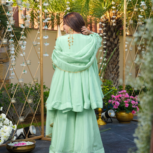 Chal étnico de gasa verde menta con trabajo de espejo y adornos de diamantes de imitación, ropa tradicional india y pakistaní para mujer, primavera. - Product Image 3
