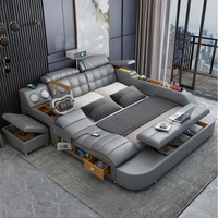 Hotte Vente Lit Intelligent de Luxe en Cuir, Lit Multifonctionnel Tatami King Size, Lit Capitonnée en Tissu Doux avec Rangement et Haut-Parleur Musical