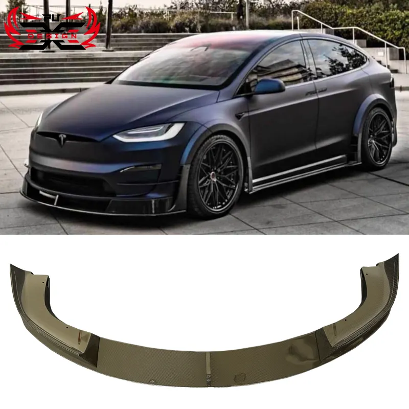 Grosir untuk Tesla Model X kotak-kotak 2021-2023 RZ Style depan bibir bumper serat karbon mobil Kit aksesori bodi mobil