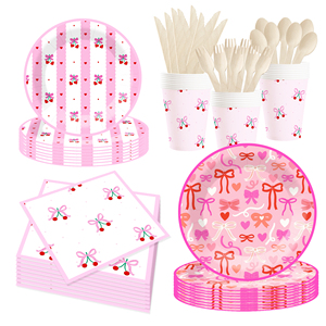 Ensemble de vaisselle jetable personnalisé DAMAI sur le thème du nœud rose pour fête de bébé fille, assiettes en papier, ensemble de dîner, assiettes en papier, gobelets, serviettes - Product Image 5