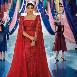 Dubai Luxury Evening Formal <strong>Gown</strong> Dress for Women Wine <strong>Red</strong> Arabic Burgundy High Cape Sleeves <strong>Sequined</strong> Beaded Crystal Decoration - Product Image 3