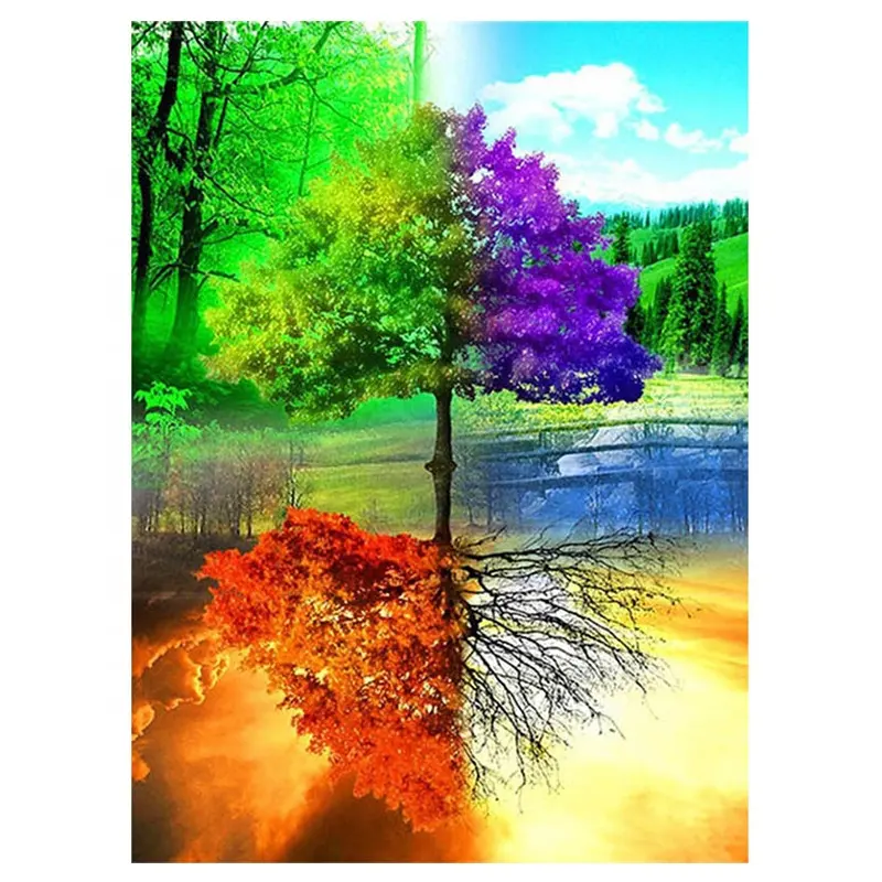 Sıcak çapraz dikiş manzara serisi bahar, yaz, sonbahar ve kış mevsim ağacı arka plan dekoratif boyama el nakışı