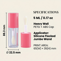 Tube de brillant à lèvres rond en PETG de 5 ml, paroi épaisse de 23 mm, vide avec grand applicateur, pour marque privée, vente en gros en usine