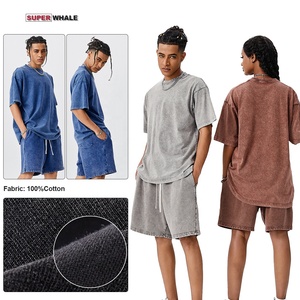 Ensemble short et t-shirt oversize pour <span class=keywords><strong>homme</strong></span>, <span class=keywords><strong>streetwear</strong></span> de haute qualité, 100% coton, lavage personnalisé, été - Product Image 3
