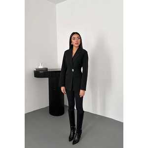Blazer Negro Entallado al Cintura con Cierre de un Botón, Largo, Estampado Sólido, Tallas Grandes, Bordado, de Un Solo Pecho, Venta al por Mayor - Product Image 3