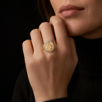 Bague en laiton plaqué or 14 carats, motif Vierge Marie, avec pierre ovale en zircon cubique, bijou religieux, pour hommes et femmes, bague de déclaration tendance, cadeau