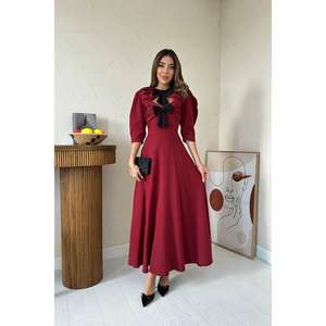 Robe de soirée élégante bordeaux coupe trapèze avec nœud décoratif, col en V, en satin, longue, taille naturelle, ajustement confortable - Product Image 5