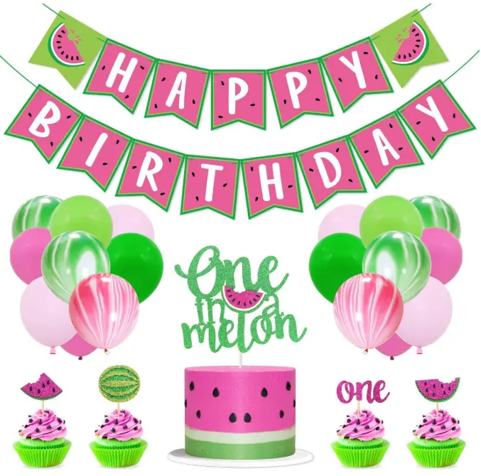 Anguria una festa di compleanno appeso striscione di buon compleanno torta anguria Cupcake Toppers e palloncini in marmo elio kit di decorazione
