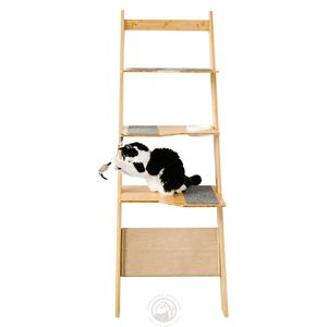 Étagère à chat moderne en bambou, à deux niveaux, surélevée, avec bol en céramique, tapis doux, grattoir en jute pour usage intérieur - Product Image 1