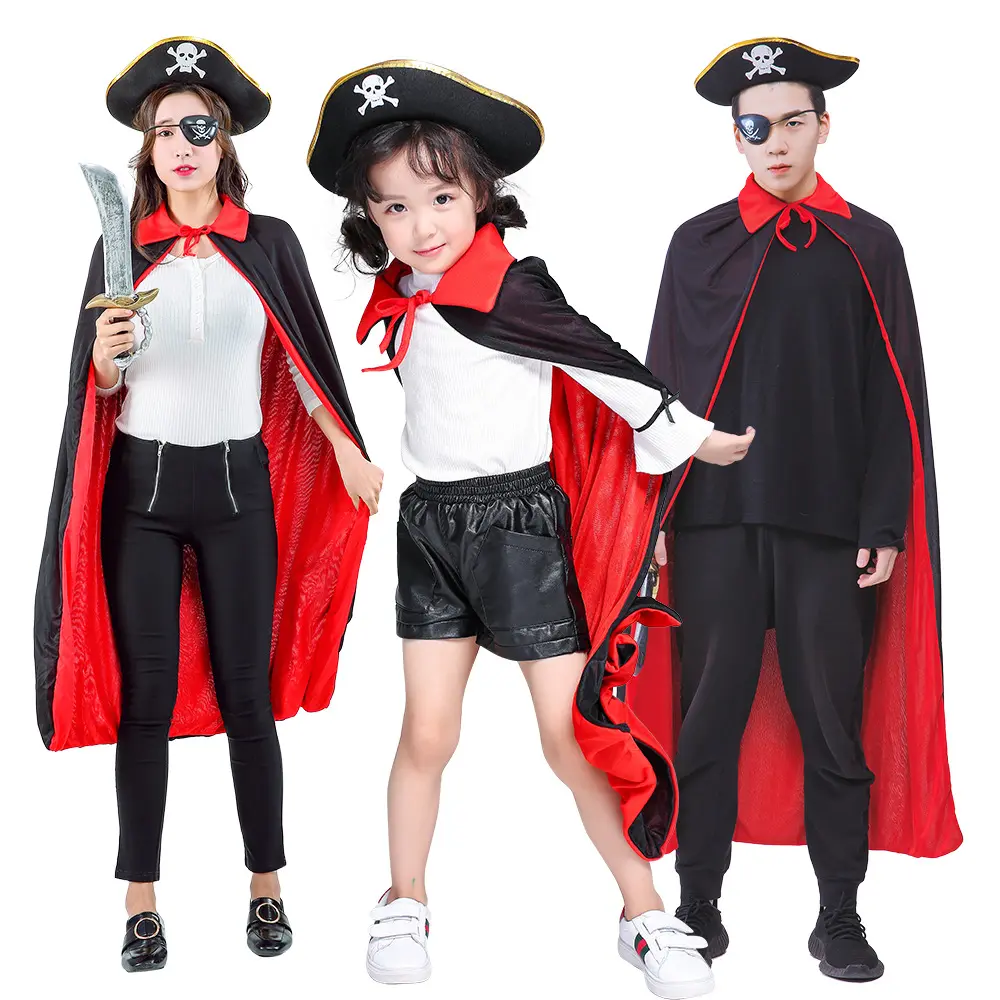 3 Stuks Halloween Kostuum Vampier Death Cape Kostuum Volwassen Kinderen Feest Optreden Dubbele Zwarte Rode Piraat Cape Oogmasker Hoed Set