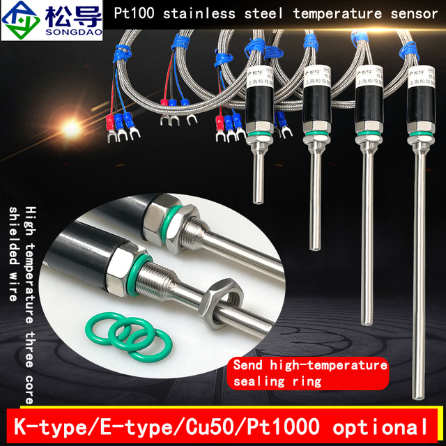 Pt100 Temperature Sensor Platinum Thermistor WZP 304 Stainless Steel IP68 Waterproof Probe Cu50 Temperature Sensing Rod OEM