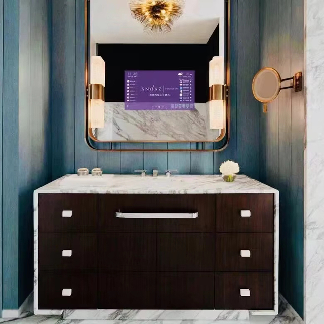 Luxury Modern Rectangle 22" Hidden IP65 Waterproof Eco-Friendly Stainless Frame Bathroom Smart Mirror TV with Graphic Design