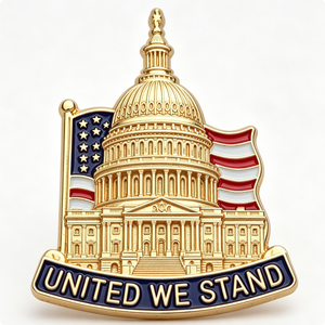 Pin Esmaltado del Edificio del Capitolio con la Frase 'United We Stand', Chapado en Oro, Recuerdo Metálico de Forma Irregular con Temática Patriótica - Product Image 1