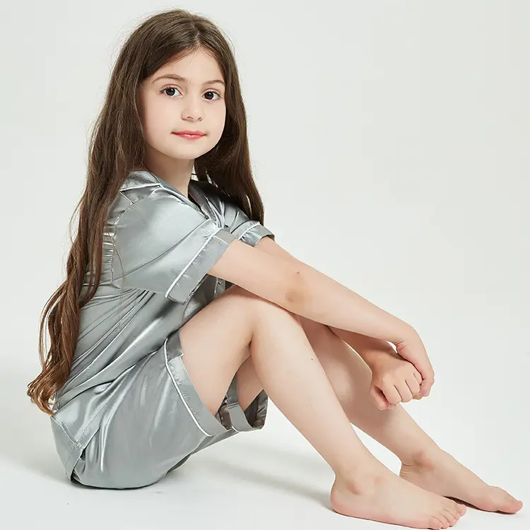 Pajamas Kid Unisex Pjs Set Girls Boys Silk Pajamas Set Satin short Sleeve 2 Piece Sleepwear for 2-12 Years