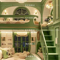 Lit superposé en bois massif pour enfants, style pastoral forestier, thème cabane dans les arbres, pour villa, chambre à thème ou gîte, avec escalier et rangement