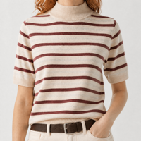 Suéter de punto a rayas para mujer, diseño personalizado ODM OEM, color crema y burdeos, cuello corto, tejido acanalado, venta al por mayor de fábrica.