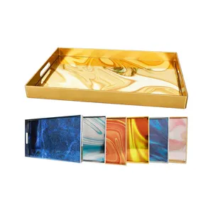 Nampan plastik cair abstrak emas, hiasan kotak minuman gradien emas marmer cair Modern hadiah pesta untuk melayani makanan