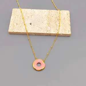 2024 New Brass Jewelry Drop Glaze Donut Pendant Pink enamel Age-reducing Necklace