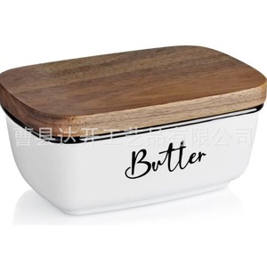 Beurrier en céramique avec couvercle en bois, rectangulaire, hermétique, vaisselle de cuisine - Product Image 1