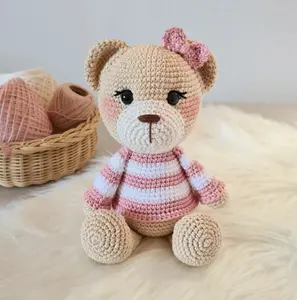 厂家批发钩针粉色小熊玩具手Amigurumi可爱动物玩具粉色蝴蝶结棕熊