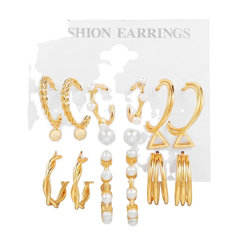 Fashion wholesale jewelry 9 Piece Earrings Gold plated pearl earrings set Circle Drop hoop earrings for women